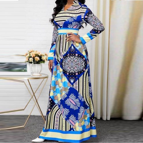 Multi Pattern European Style Split Neck Maxi Dress - Blue image