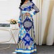 Multi Pattern European Style Split Neck Maxi Dress - Blue image