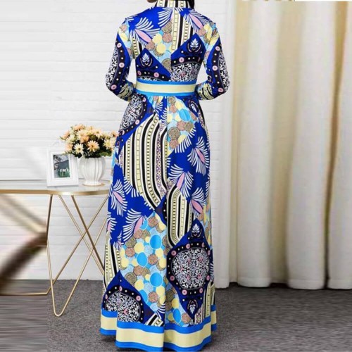 Multi Pattern European Style Split Neck Maxi Dress - Blue image