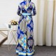 Multi Pattern European Style Split Neck Maxi Dress - Blue image