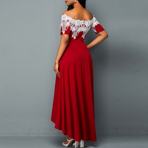 Elegant Off Shoulder Lace Panel High Low Dress - Red image