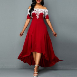 Elegant Off Shoulder Lace Panel High Low Dress - Red