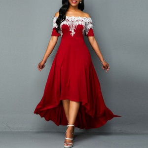 Elegant Off Shoulder Lace Panel High Low Dress - Red