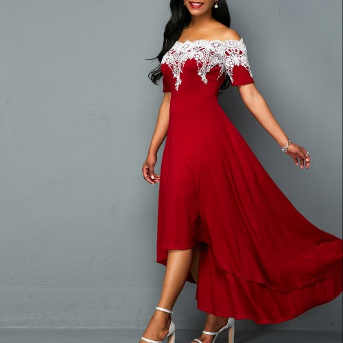Elegant Off Shoulder Lace Panel High Low Dress - Red image