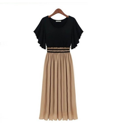 Chiffon Long Skirt Mid Waist Neck Ruffle Sleeve Dress - Brown image