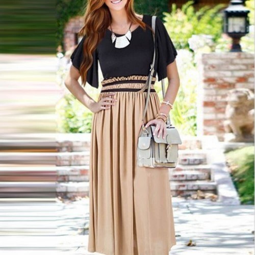 Chiffon Long Skirt Mid Waist Neck Ruffle Sleeve Dress - Brown image