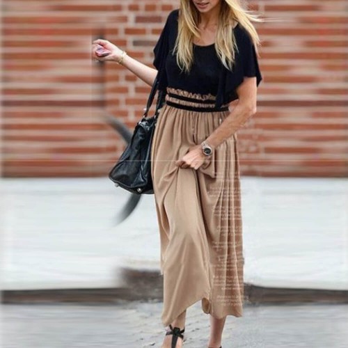 Chiffon Long Skirt Mid Waist Neck Ruffle Sleeve Dress - Brown image