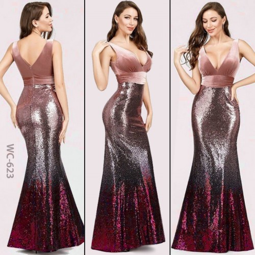 Sequined Skirt High Waist Mermaid Party Long Dress - Pink image