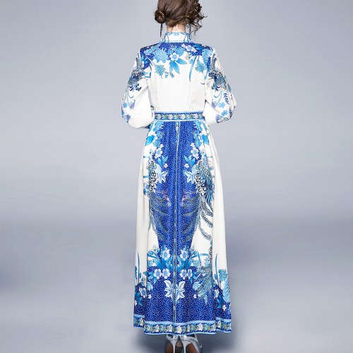 Retro Palace Printed Lapel Long-sleeved Maxi Dress - Blue image