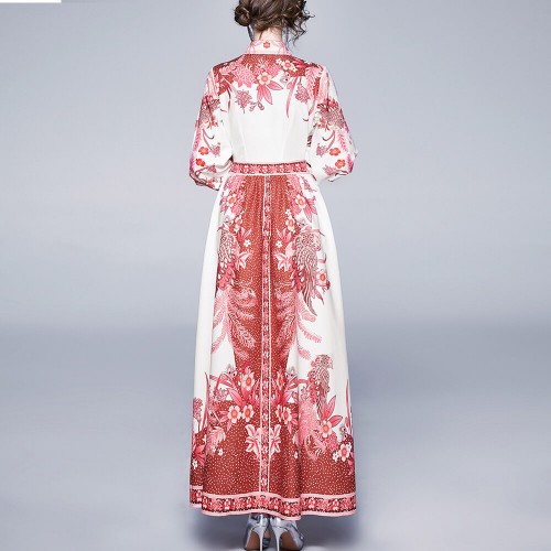 Retro Palace Printed Lapel Long-sleeved Maxi Dress - Red image