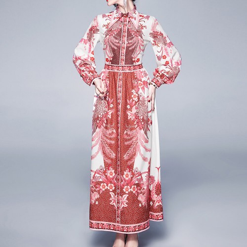 Retro Palace Printed Lapel Long-sleeved Maxi Dress - Red image