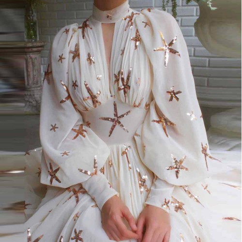 Star Slit Lantern Sleeve Half Neck Sequin Party Dress - Cream image