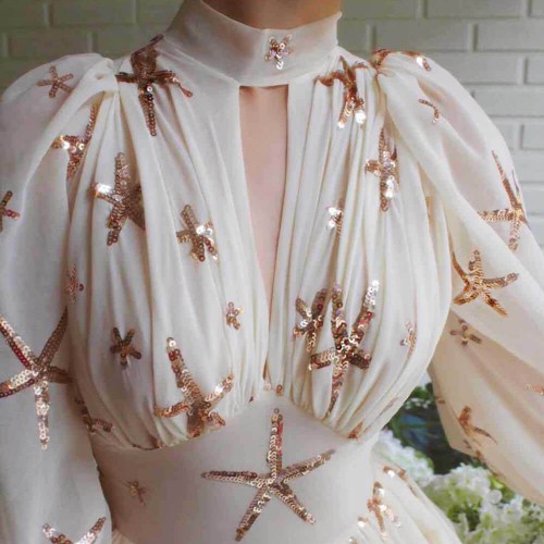 Star Slit Lantern Sleeve Half Neck Sequin Party Dress - Cream image