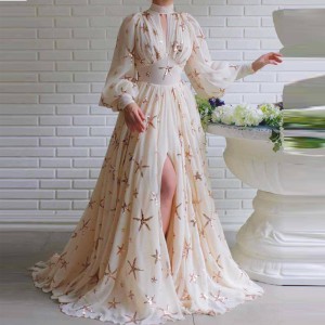 Star Slit Lantern Sleeve Half Neck Sequin Party Dress - Cream