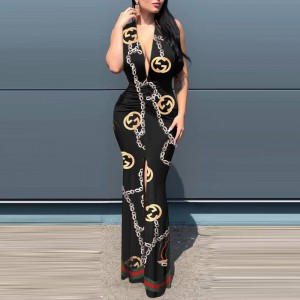 Stylish Metal Chain Printed Sleeveless Maxi Dress - Black