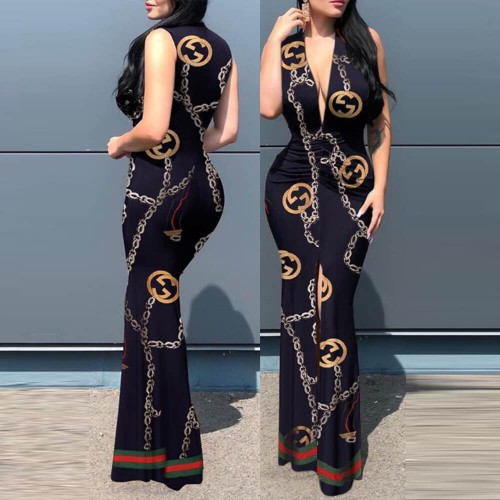 Stylish Metal Chain Printed Sleeveless Maxi Dress - Black image