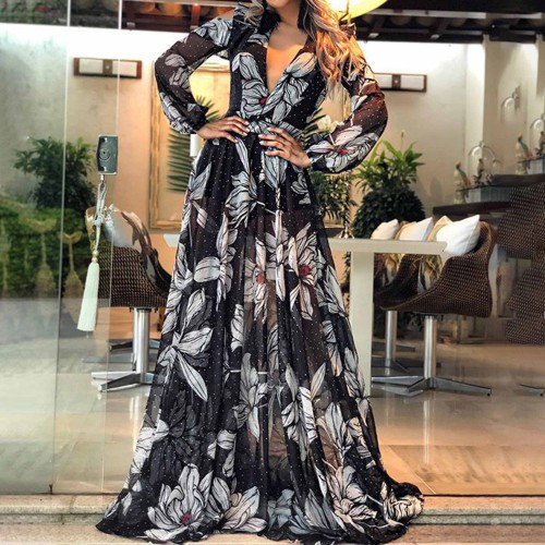 Boho Floral Deep V-Neck Long Sleeve Swing Maxi Dress - Black image