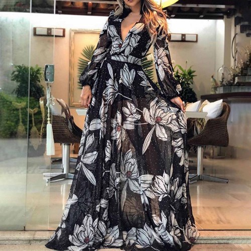 Boho Floral Deep V-Neck Long Sleeve Swing Maxi Dress - Black image