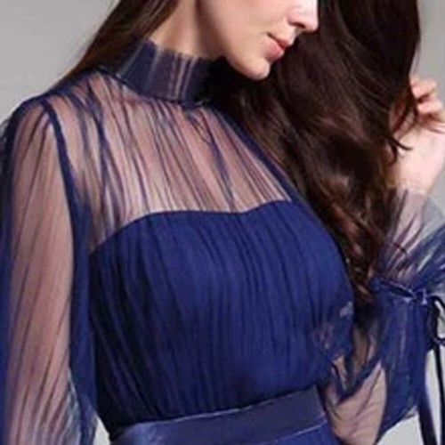 Fancy Mesh Long Sleeve Mid Waist Evening Dress - Blue image