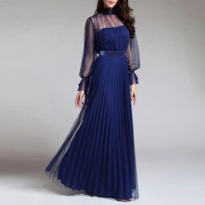 Fancy Mesh Long Sleeve Mid Waist Evening Dress - Blue