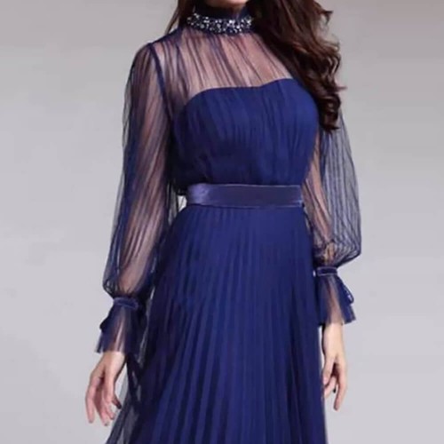 Fancy Mesh Long Sleeve Mid Waist Evening Dress - Blue image
