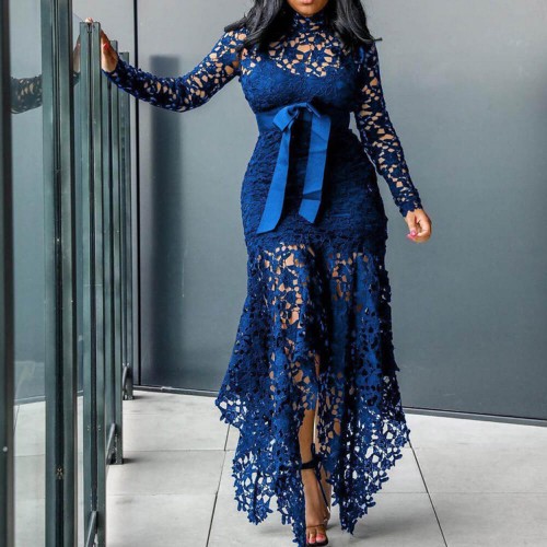Lace Patchwork Hollow Out Lace Romper Maxi Dress - Blue image