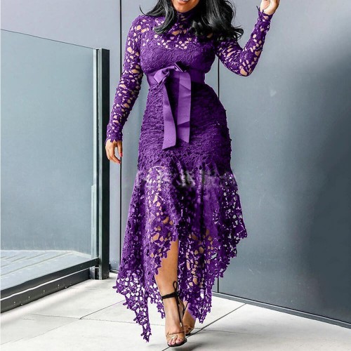 Lace Patchwork Hollow Out Lace Romper Maxi Dress - Purple image