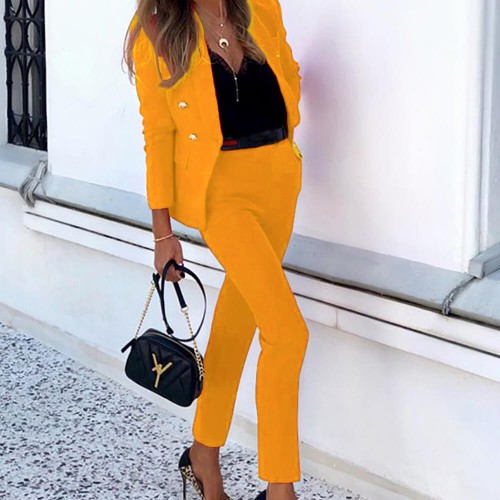 Elegant Ladies Formal Two Piece Blazer Suit Set - Yellow image