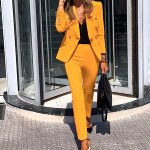 Elegant Ladies Formal Two Piece Blazer Suit Set - Yellow