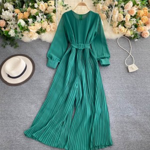 Retro Knitted Ribbed Long Sleeve Casual Jumpsuit - Green