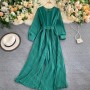 Retro Knitted Ribbed Long Sleeve Casual Jumpsuit - Green