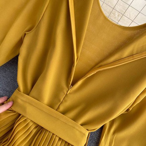 Retro Knitted Ribbed Long Sleeve Casual Jumpsuit - Yellow image
