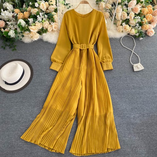 Retro Knitted Ribbed Long Sleeve Casual Jumpsuit - Yellow image