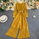 Retro Knitted Ribbed Long Sleeve Casual Jumpsuit - Yellow image