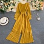 Retro Knitted Ribbed Long Sleeve Casual Jumpsuit - Yellow