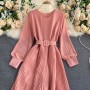 Retro Knitted Ribbed Long Sleeve Casual Jumpsuit - Pink