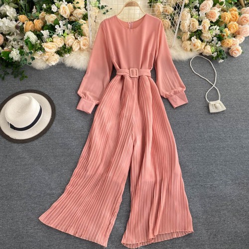 Retro Knitted Ribbed Long Sleeve Casual Jumpsuit - Pink image