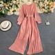Retro Knitted Ribbed Long Sleeve Casual Jumpsuit - Pink image