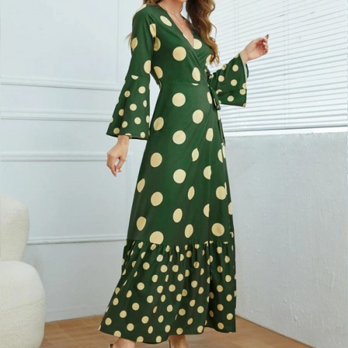 Vintage floral V-Neck Striped Split Maxi Dress - Green image