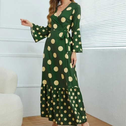 Vintage floral V-Neck Striped Split Maxi Dress - Green image