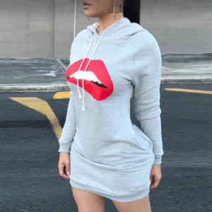 Casual Lip Print Long Sleeved Fashion Hoodie-Grey