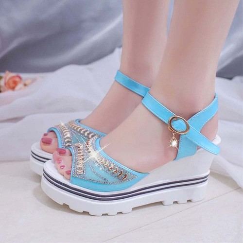 Wedge Platform Ankle Strap Open Toe Sandals -Light Blue image