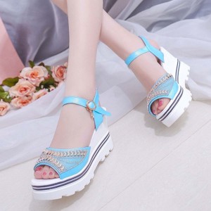 Wedge Platform Ankle Strap Open Toe Sandals -Light Blue