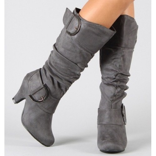 Soft Suede Belt Buckle Wide Calf High Heel Boots -Grey image