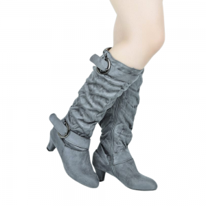 Soft Suede Belt Buckle Wide Calf High Heel Boots -Grey