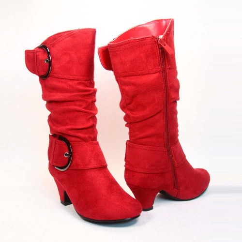 Soft Suede Belt Buckle Wide Calf High Heel Boots - Red image