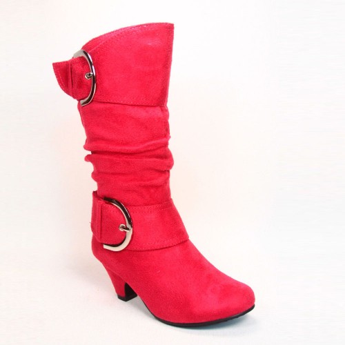 Soft Suede Belt Buckle Wide Calf High Heel Boots - Red image