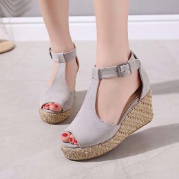 Women Fashion Buckle Up Peep ToeWedge Heel Sandals - Grey