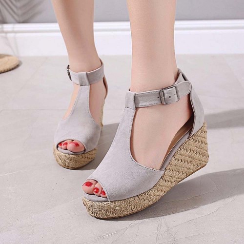 Women Fashion Buckle Up Peep ToeWedge Heel Sandals - Grey image