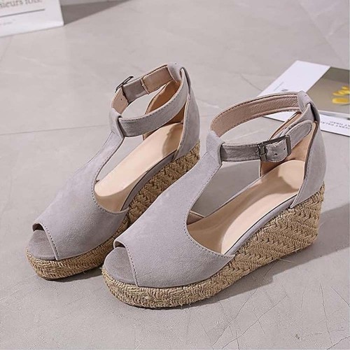 Women Fashion Buckle Up Peep ToeWedge Heel Sandals - Grey image